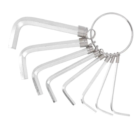 Top Tier Metric Hex Key Wrench Set With Eight Tough Steel Sizes From 1.5Mm To 6Mm Perfect For Heavy Duty Garage Repairs And Auto Mechanics Who Need Reliable Tools That Grip Tight Without Slipping On Any Bolt Or Nut. eight-piece metric hex key set on ring, steel, 1.5 to 6 mm