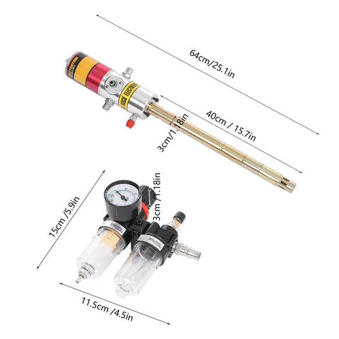 50 To 1 Ratio Air Operated Grease Pump With High Pressure Oil Injector showing dimensions and components with universal gun and oil separator.
