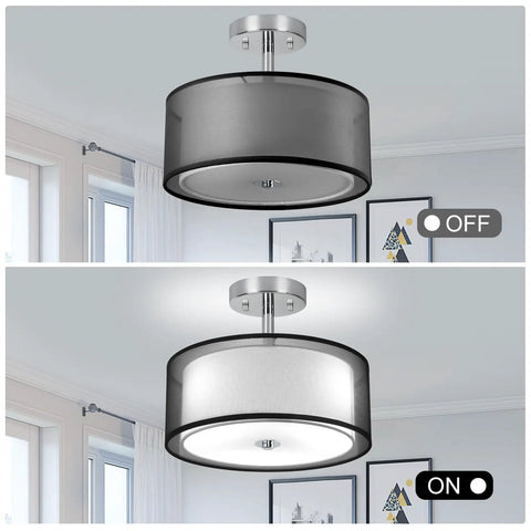 Three Light Modern Semi Flush Mount Ceiling Light With Drum Shade And Double Fabric Shade Brushed Chrome Finish Close To Ceiling Fixture For Living Room Dining Room Bedroom Hallway Entry Foyer