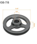 V Belt Sheave For 4L Or A Belt, Single Groove Web Sheave Cast Iron Durable Pulley Bored To Size For Precise Fit Outer Diameter 5.45 Inches Bore Seven Eighths Inch Includes Keyway And Hollow Head Set Screws. cast iron pulley with 5.45" OD, 7/8" bore, 33mm thick