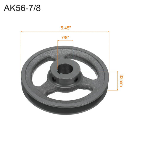 V Belt Sheave For 4L Or A Belt, Single Groove Web Sheave Cast Iron Durable Pulley Bored To Size For Precise Fit Outer Diameter 5.45 Inches Bore Seven Eighths Inch Includes Keyway And Hollow Head Set Screws. cast iron pulley with 5.45" OD, 7/8" bore, 33mm thick
