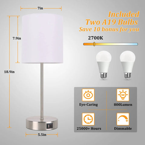 Set Of 2 Touch Control Table Lamps With USB Ports And AC Outlet, Modern Dimmable Nightstand Lamps With Fabric Shade, Sleek Nickel Finish shown with included A19 bulbs