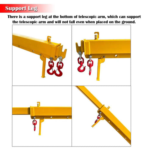 Support leg on Heavy Duty Forklift Jib Boom Crane Attachment With Extendable Telescopic Boom Arm And Adjustable Tilt.