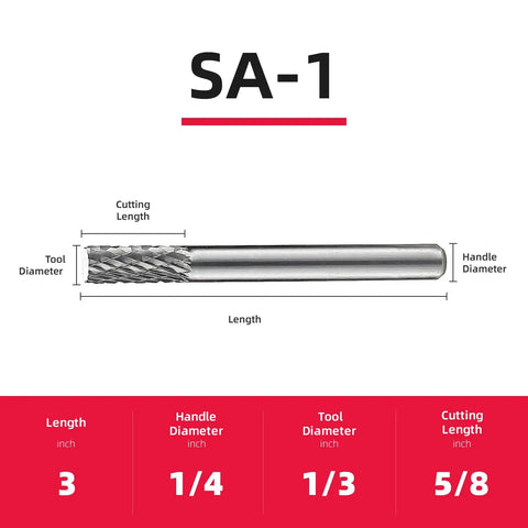 Front view of Pro Grade Solid Carbide Rotary Burr File Cylindrical Double Cut For Metalworking And Toolmaking One Quarter Inch Shank Diameter Five Eighths Inch Tool Length Heavy Duty Mold Grinder Drill Bit with dimensions.