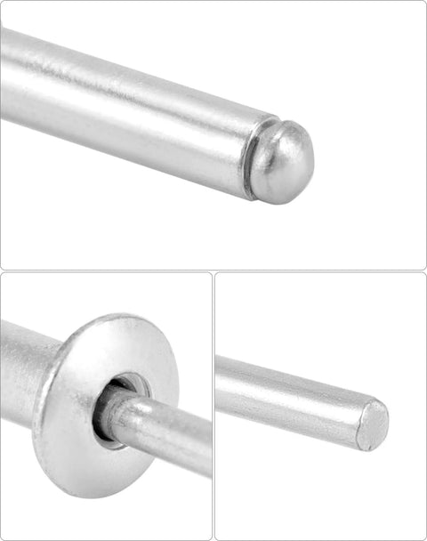 Close-up of Aluminum Blind Rivets 3/16 By 3/4 Inch 500 Pack Silver showing head, flange, and mandrel details for metal and wood fastening.