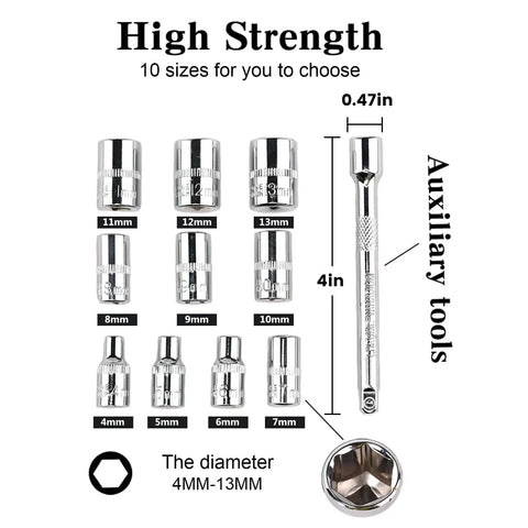 Compact Quarter Inch Drive Ratchet Socket Set With Ten Metric Sockets From Four To Thirteen Millimeters, showing socket sizes.
