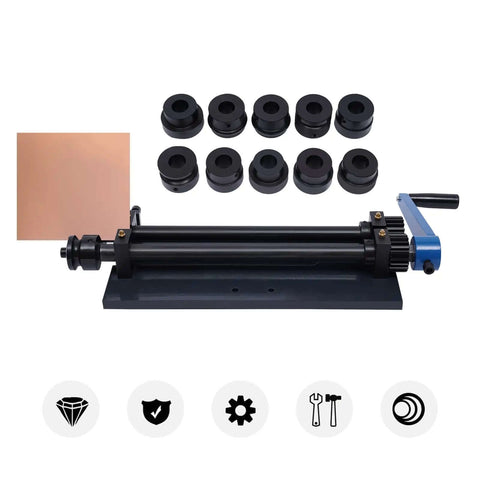 Pro Grade Heavy Duty Bead Roller Machine With 12 Inch Throat Depth, Manual Crank Operation, Includes 6 Dies, tool kit displayed
