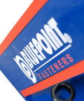Close-up of BluePoint Fasteners logo on a blue package corner.