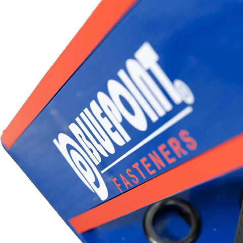 Close-up of BluePoint Fasteners logo on a blue package corner.