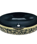 This Sleek Oval Ceramic Vessel Sink Totally Kicks Up Your Bath Game With A Premium Matte Gold Countertop Basin Delivering A Dreamy High Style Look And Super Easy Cleaning Surfaces, black porcelain vessel sink with gold pattern and faucet hole.
