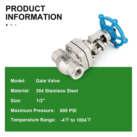 304 Stainless Steel Gate Valve Half Inch Full Bore With Wheel Handle, shown with product specs and blue wheel handle.