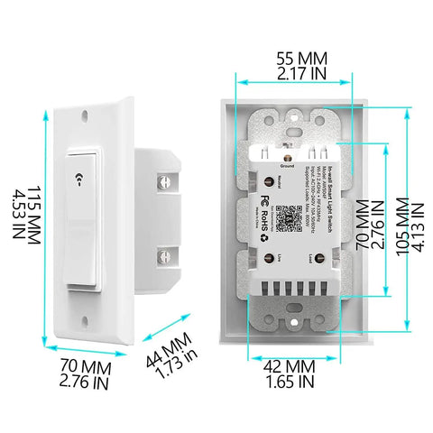 WiFi Light Switch With Bluetooth Remote, Single Pole One Way Wall Switch, Smart Life App Control, Hands Free Voice Control With Alexa And Google Assistant, Neutral Wire Required, No Hub Needed showing dimensions