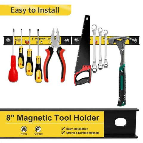 8 Inch Magnetic Tool Holder Strips Set Of 4 Heavy Duty Magnetic Bars for Garage Wall Organization displayed with tools