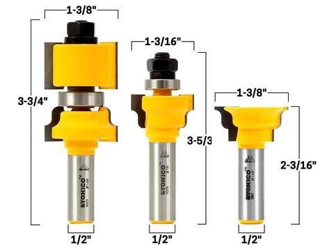 Three piece Window Sash Router Bit Set with Carbide Tipped Ogee Profile and Half Inch Shank, precise for table mount routers.