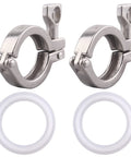 Two stainless steel sanitary tri-clamp clamps with wing-nut lugs and silicone gaskets, 50.5mm TC ferrule, pack of 2
