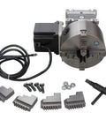 Hardcore Cnc Rotary Fourth Axis Upgrade Featuring A Bulletproof 80Mm Four Jaw Chuck With A Snappy 20 To 1 Right Angle Gearbox For Pro Level Wood And Metal Carving Tasks, components including chuck and motor.