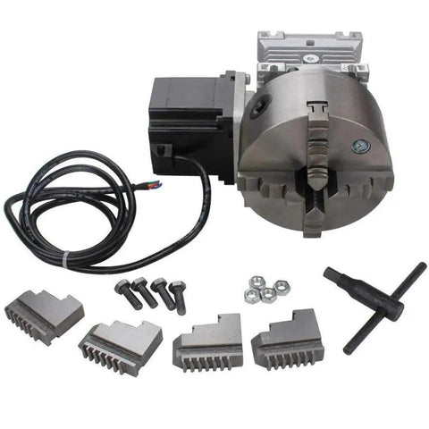 Hardcore Cnc Rotary Fourth Axis Upgrade Featuring A Bulletproof 80Mm Four Jaw Chuck With A Snappy 20 To 1 Right Angle Gearbox For Pro Level Wood And Metal Carving Tasks, components including chuck and motor.