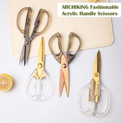 Gold Titanium Plated Kitchen Shears, 7.7 Inch Heavy Duty All Purpose Scissors For Meat, Poultry, And Everyday Kitchen Tasks, Stainless Steel With Acrylic Handle, Dishwasher Safe, Diamond Clear Finish shown with clear handles