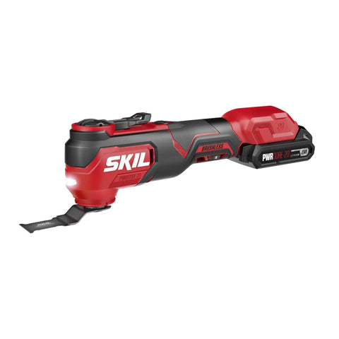 Built Tough No Sweat 20V Brushless Nine Piece Cordless Power Tool Combo Kit has multi-tool with light and battery.