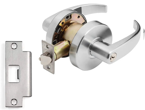 Spartan Design Grade 2 Commercial Duty Door Lever ADA Satin Chrome Finish Keyed Entry Two And Three Quarters Inch Backset UL Rated SC1 Keyway