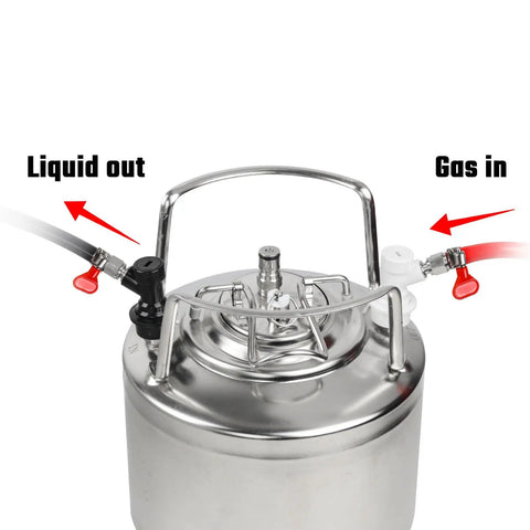 Two Pack Ball Lock Disconnect Fittings With Five Sixteenths Inch Stainless Steel Gas Barb For Kegging Setups, MFL Quick Disconnect Swivel Nut Design, Compatible With Ball Lock Posts And Sankey Adapters. Ball lock keg disconnects on Cornelius keg gas and liquid posts.