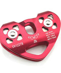 Red Heavy Duty Zip Line Trolley Pulley with Bearings and Stainless Steel Sheaves, 30 kN Load Capacity, rock climbing use.