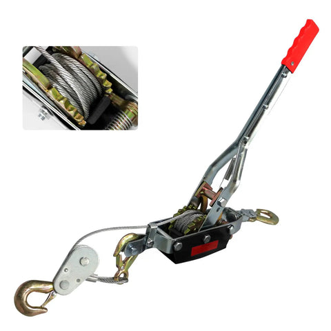 Heavy Duty Come Along Winch 4 Ton 8800 Lbs Tension Dual Gear Ratchet Hand Winch with steel rope and hooks for recovery.