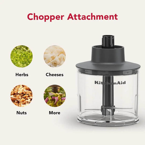 Chopper Attachment for Cordless Hand Blender With Battery Included And Removable Blending Arm features various chopped ingredients.