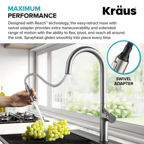 Oletto Tall Modern Pull Down Kitchen Faucet With Single Handle Spot Free Stainless Steel Finish in use over sink