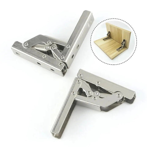 2 Pack 90 Degree Self Locking Folding Hinges for Table Legs and Chairs shown in stainless steel with example setup