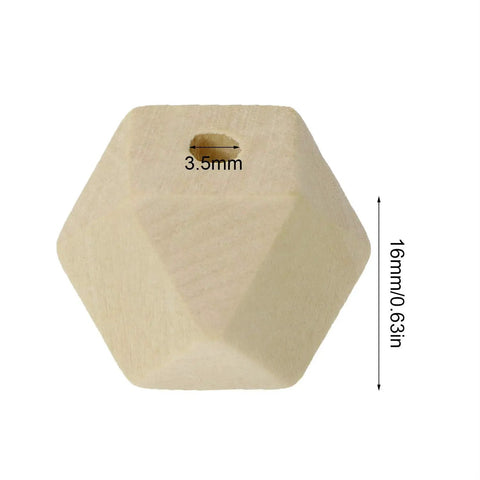 Unpainted Faceted Geometric Wood Beads 16mm With 3.5mm Holes Natural Color For DIY Jewelry Making 100 Pieces Dope For Necklaces Keychains And Crafts Assortment close-up