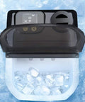 Compact Countertop Ice Maker That Chills Water Hella Fast For Crush Ready Cubes In Minutes with clear view window and ice cubes.
