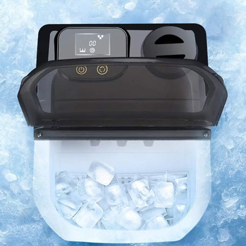 Compact Countertop Ice Maker That Chills Water Hella Fast For Crush Ready Cubes In Minutes with clear view window and ice cubes.