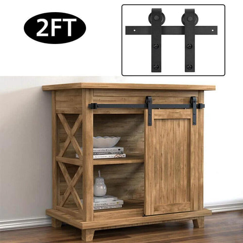 Heavy Duty Bypass Barn Door Hardware Kit For Cabinets And Closets, Two Foot Track System, Installed on Wooden Cabinet