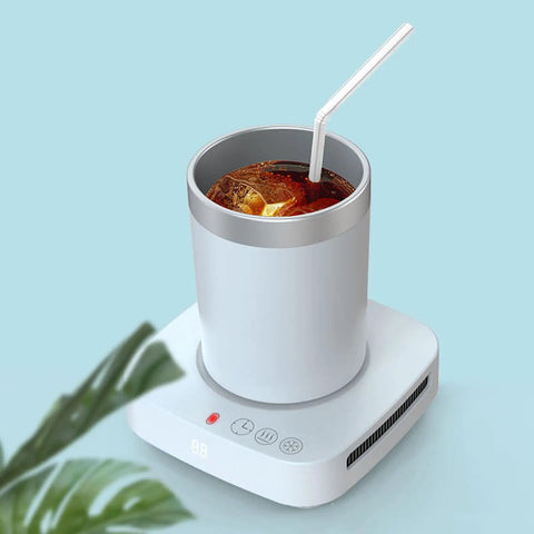 Top Pick Desk Mug Warmer And Coffee Cooler With Smart Dual Temp Control, Keeps Your Daily Grind Iced In Summer And Cozy In Winter, Includes Snazzy 450 Ml Cup, Solid Home Office Drink Essential with iced drink in cup.