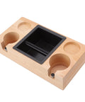 Premium Wood Espresso Tamper Holder Stand With Knock Box, natural wood finish, designed for barista use, compact size.
