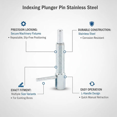 Industrial Grade Stainless Steel Indexing Plunger Pin With Ergonomic L Handle And Spring Loaded Snap Lock, detailed view with specifications.