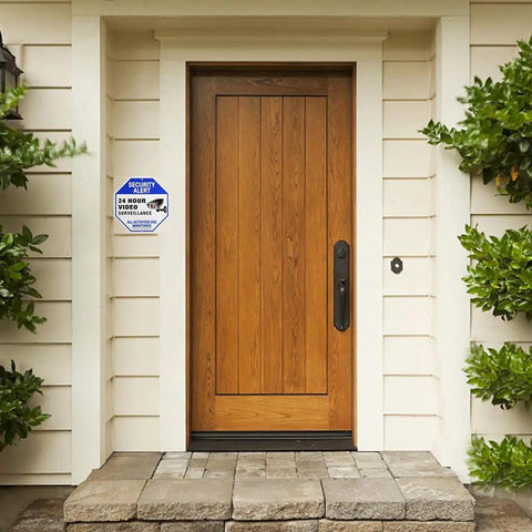 Front porch with 2 Pack Outdoor Security Camera Signs For Home Or Biz, Video Surveillance Signage Featuring UV Printed 40 Mil Aluminum, 10x10 Inches.