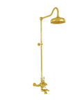 Rock Solid Full Body Exposed Thermostatic Shower System Wall Mounted Bathroom Fixture With Temperature Control And 1.75 Gpm Vintage Cross Handles In Unlacquered Polished Brass, showcasing brass rain shower head and faucet.