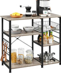 Sturdy Kitchen Bakers Rack With Wire Basket And Six S Shaped Hooks, Microwave Oven Stand And Coffee Bar Table, Utility Storage Shelf, Heavy Duty Metal Frame, 15 Inch Depth, 35.5 Inch Wide, 33 Inch High, Gray with bowls, jars, and utensils.