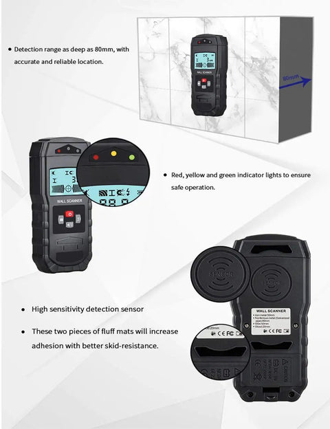 4 In 1 Electronic Stud Finder Wall Scanner To Nail Center Detection And Sound Alerts For Scouting Wooden Studs Copper Pipe Metal Clips Plus Live Ac Cables Making Home Repair A Breeze For Any Garage Tinkerer showing detection range up to 80mm with indicator lights
