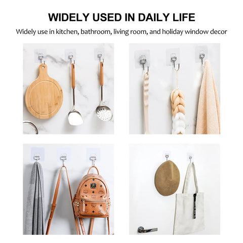 Heavy Duty 10 Pack Self Adhesive Hooks Set Removable Reusable Waterproof Transparent Wall Hangers for Bathroom Kitchen Glass Door Super Handy for Towels Keys Hats And More used for organizing various items