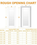 Rough opening chart for 24x80 Black Frosted Glass Interior Door Slab With Dope Look And Solid Shaker Finish dimensions.