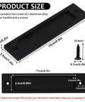 Rectangular Recessed Door Pull Handle Set With Flat Back For Sliding Doors, Cabinets, And Closets, In Black, 2 Pack, Durable Aluminum Alloy Flush Pull, No Fuss Screw Mount, Modern Hidden Grip, shown with dimensions and screws.