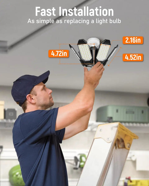 Man installing Ultra Bright Four Pack 40000 Lumen LED Garage Light With 6 Plus 1 Deformable Panels Screws Into E26 E27 Bases