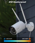 Outdoor WiFi Security Camera 5MP HD Plug In Night Vision Motion Detection Smart Alerts Dual Band Wireless 2 4 GHz and 5 GHz IP67 Waterproof Wired Power Supply for Home Surveillance mounted on wall.