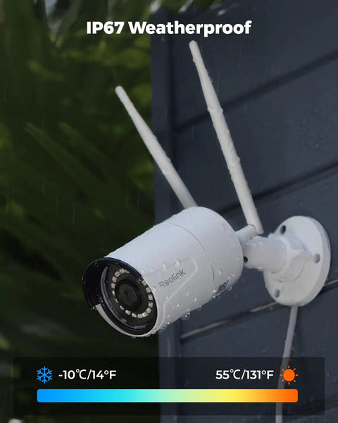 Outdoor WiFi Security Camera 5MP HD Plug In Night Vision Motion Detection Smart Alerts Dual Band Wireless 2 4 GHz and 5 GHz IP67 Waterproof Wired Power Supply for Home Surveillance mounted on wall.