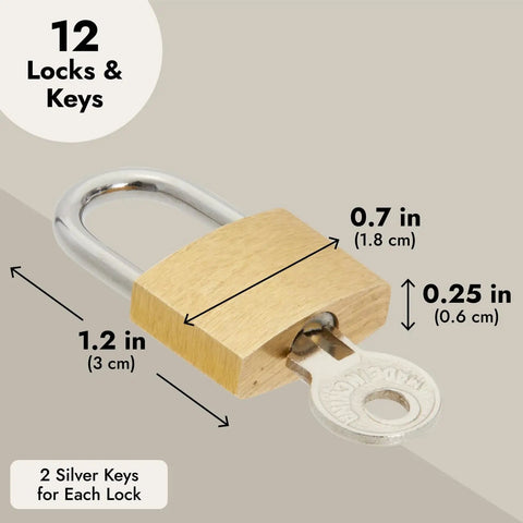 Mini Luggage Locks With Keys 12 Pack For Suitcases Diaries And Jewelry Boxes Travel Security In Gold And Silver Small Keyed Lock Set For Home Or On The Go, showcasing lock dimensions and two silver keys