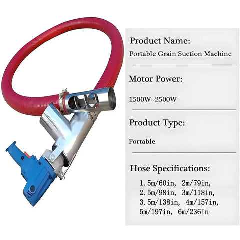 Beefed Up 1.5m Auger Screw Conveyor With 1500W Portable Suction Machine stainless steel feed port and red hose