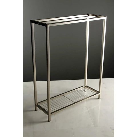 Edenscape Freestanding Towel Rack Brushed Nickel With Super Sturdy Solid Steel Construction Three 24 Inch Bars Generous Bottom Storage And Corrosion Resistant Finish For A Modern Bathroom, showing steel construction and bottom shelf from side angle.